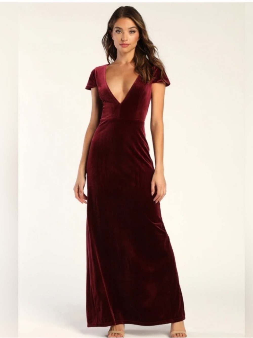 Lulus Feeling Flawless Burgundy Velvet V-Neck Maxi Formal Dress Size M